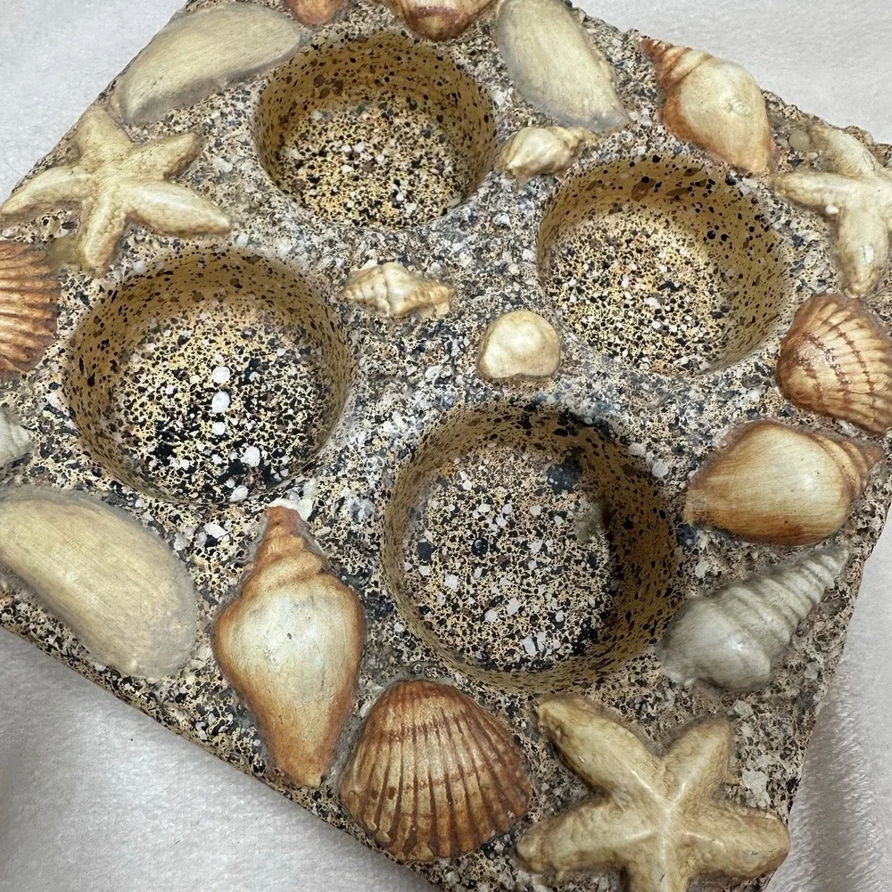 Seashell Tea Light 4 Candle Holder Centerpiece Sand Beach Nautical Square Votive